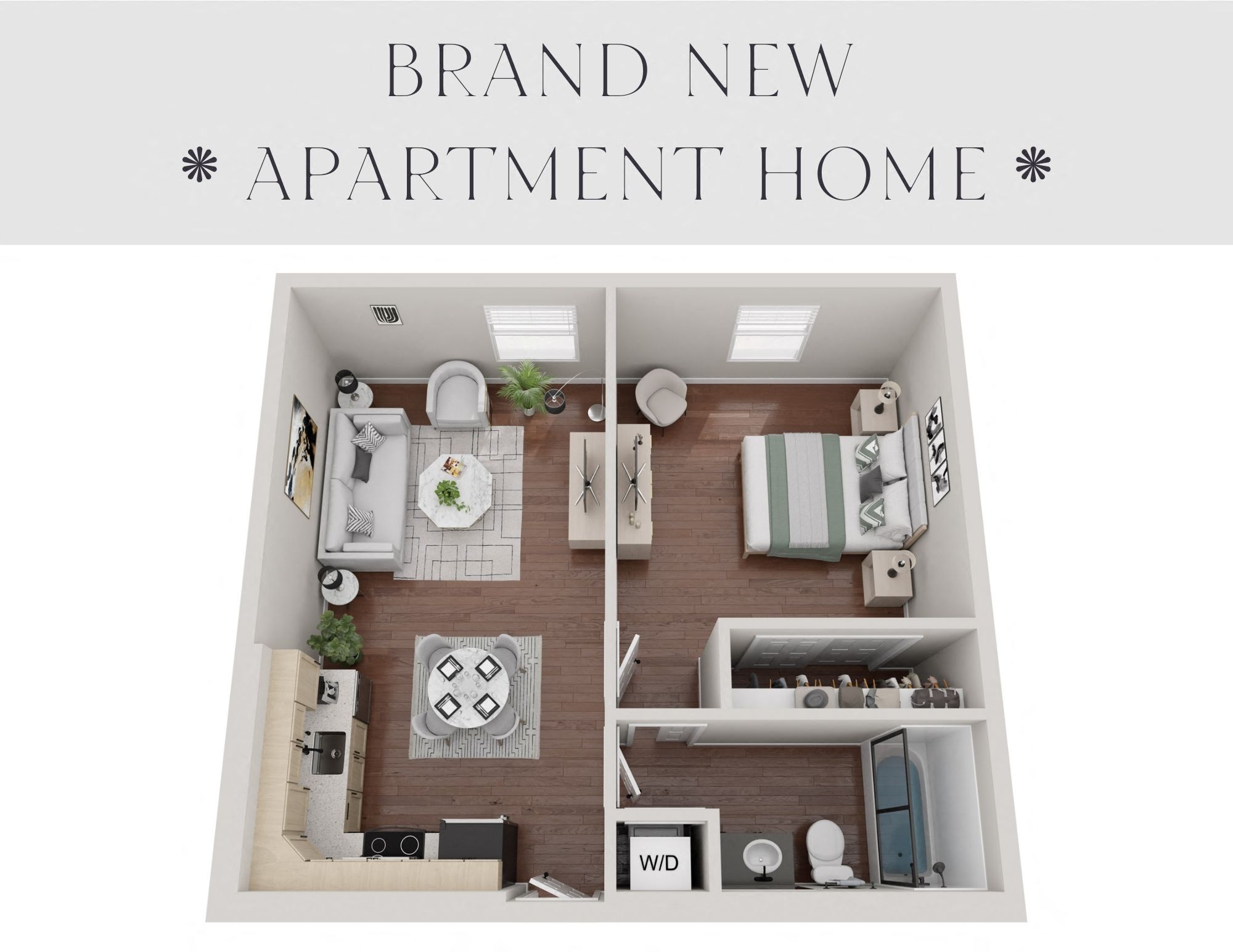 Floor plan for 1 bed, 1 bath, 707 sqft